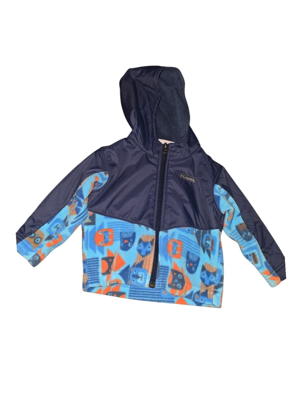 7/6/16. Columbia Navy and Light Blue Boys Hooded Jacket with Cat Print